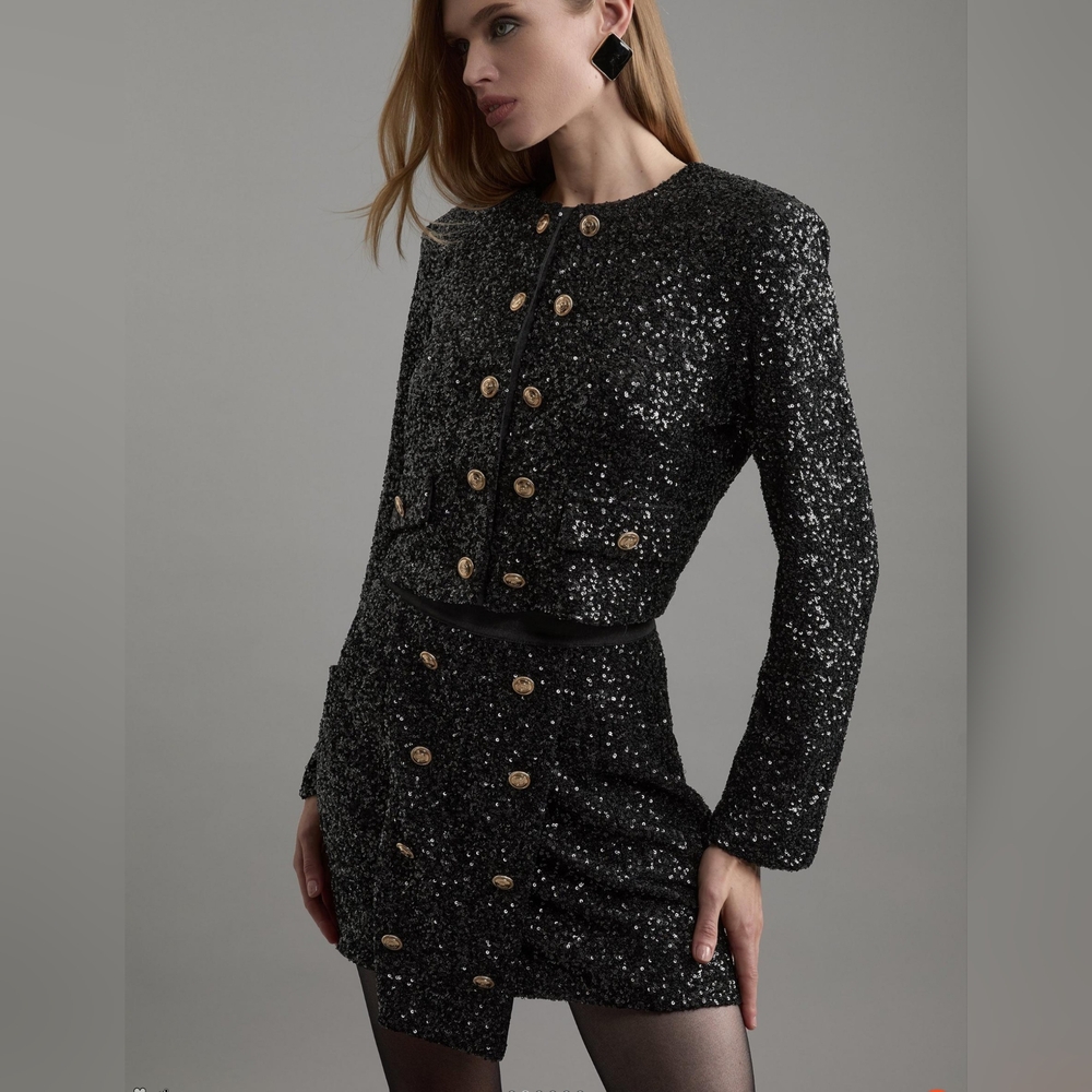 Karen Millen Black Sequin Long Sleeve Dress - Picture 7 of 11